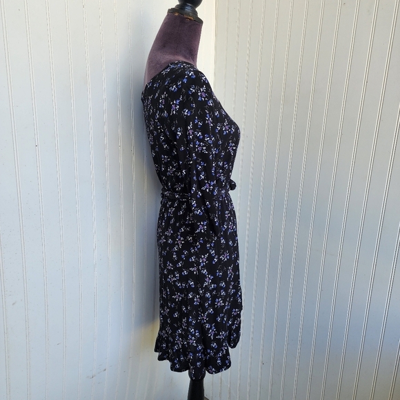Gap Black Blue Floral Print Faux Wrap 3/4 Sleeve Ladies Dress Ruffle Petite XS - Picture 5 of 14